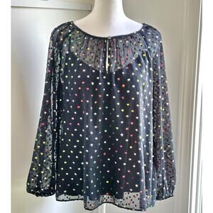J.Crew Navy Blue Colorful Polka Dot Sheer Overlay Keyhole Blouse Small